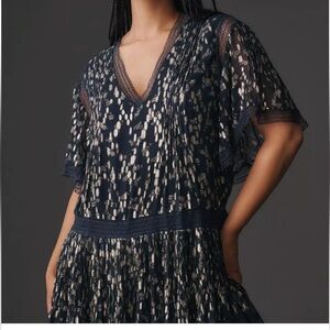 NWT Anthropologie Maeve Tiered Navy and Gold Dress